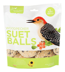 Pacific Bird & Supply Co front packaging showing 12 resealable woodpecker suet balls and benefits