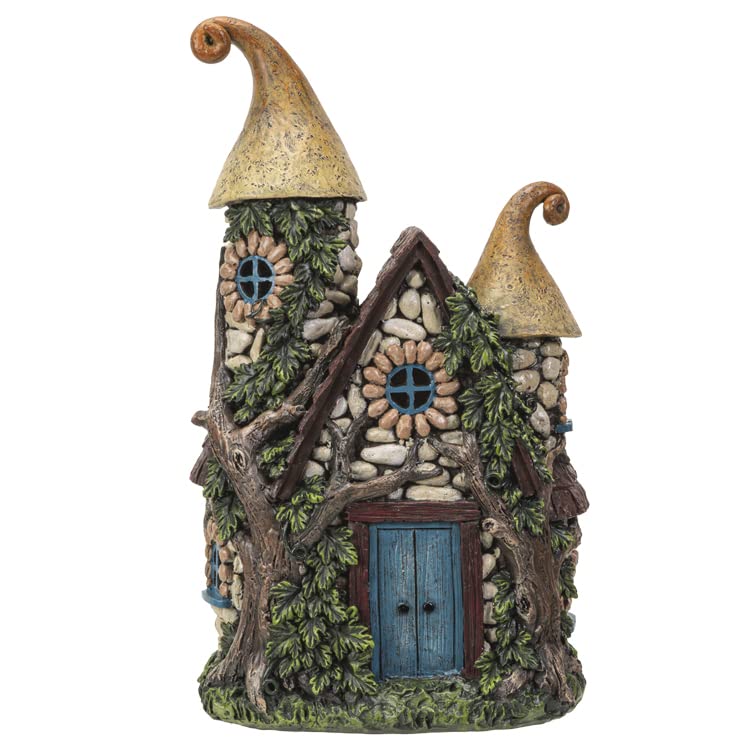 Pacific Giftware front view of fairy cottage with LED glow enhancing garden charm