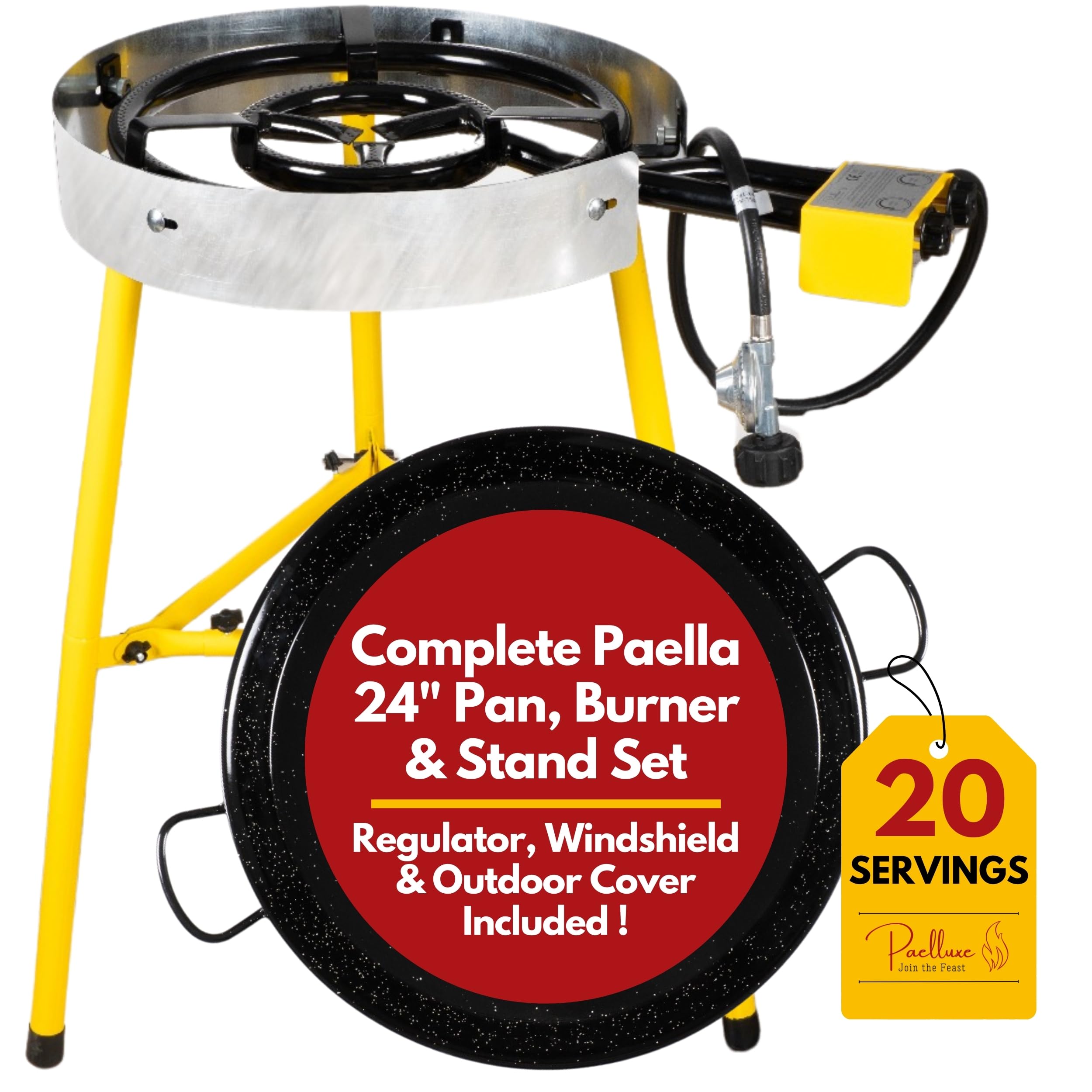 Paelluxe full kit front view showing pan and burner for easy outdoor cooking