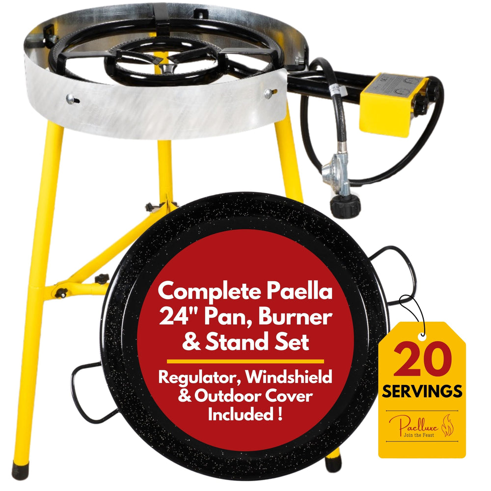 Paelluxe full kit front view showing pan and burner for easy outdoor cooking