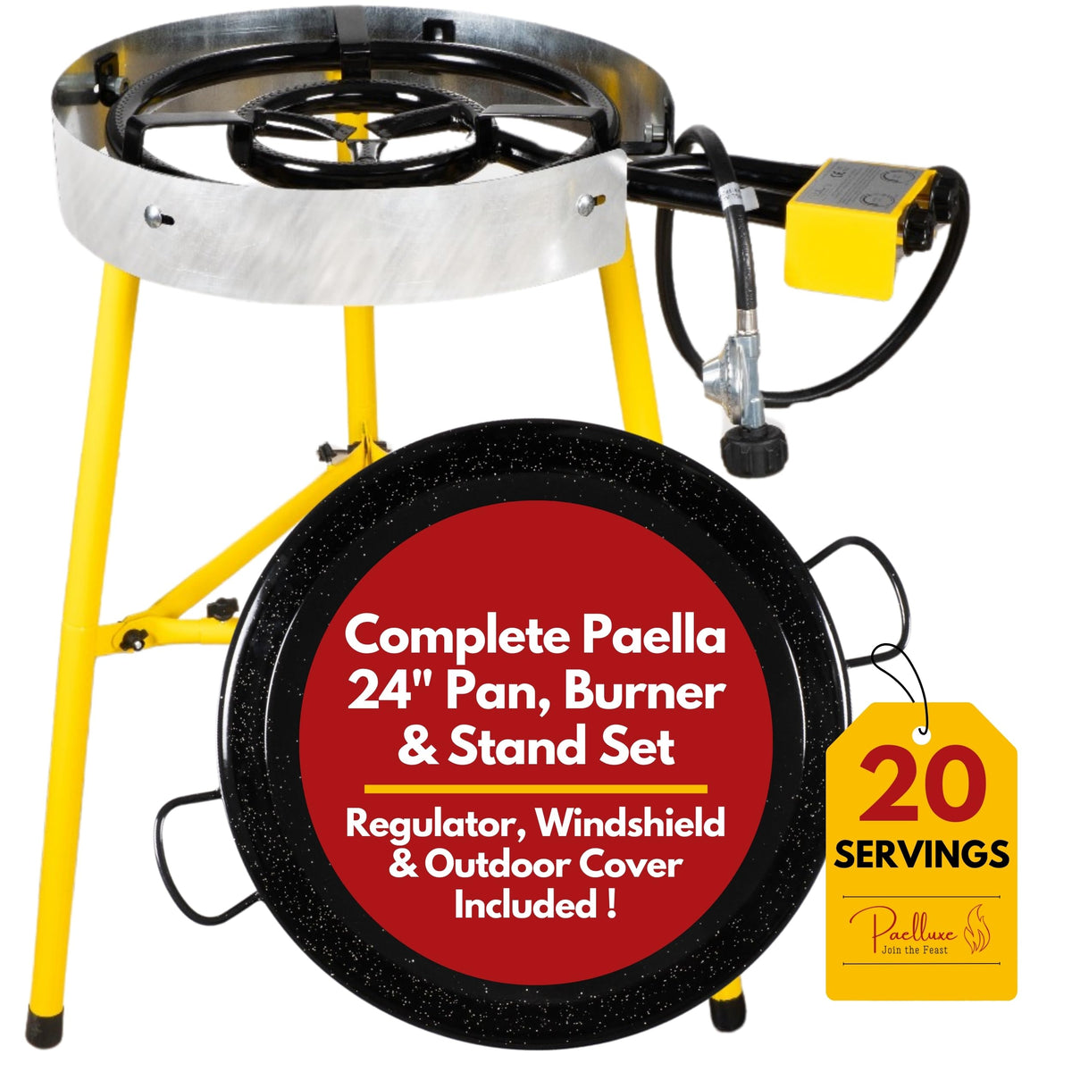 Paelluxe full kit front view showing pan and burner for easy outdoor cooking