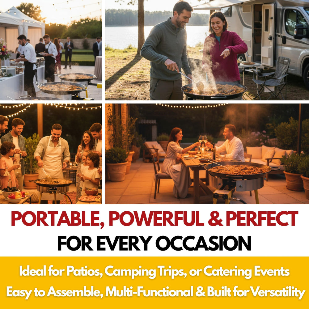 Paelluxe pan in use with paella illustrating large-batch serving capacity