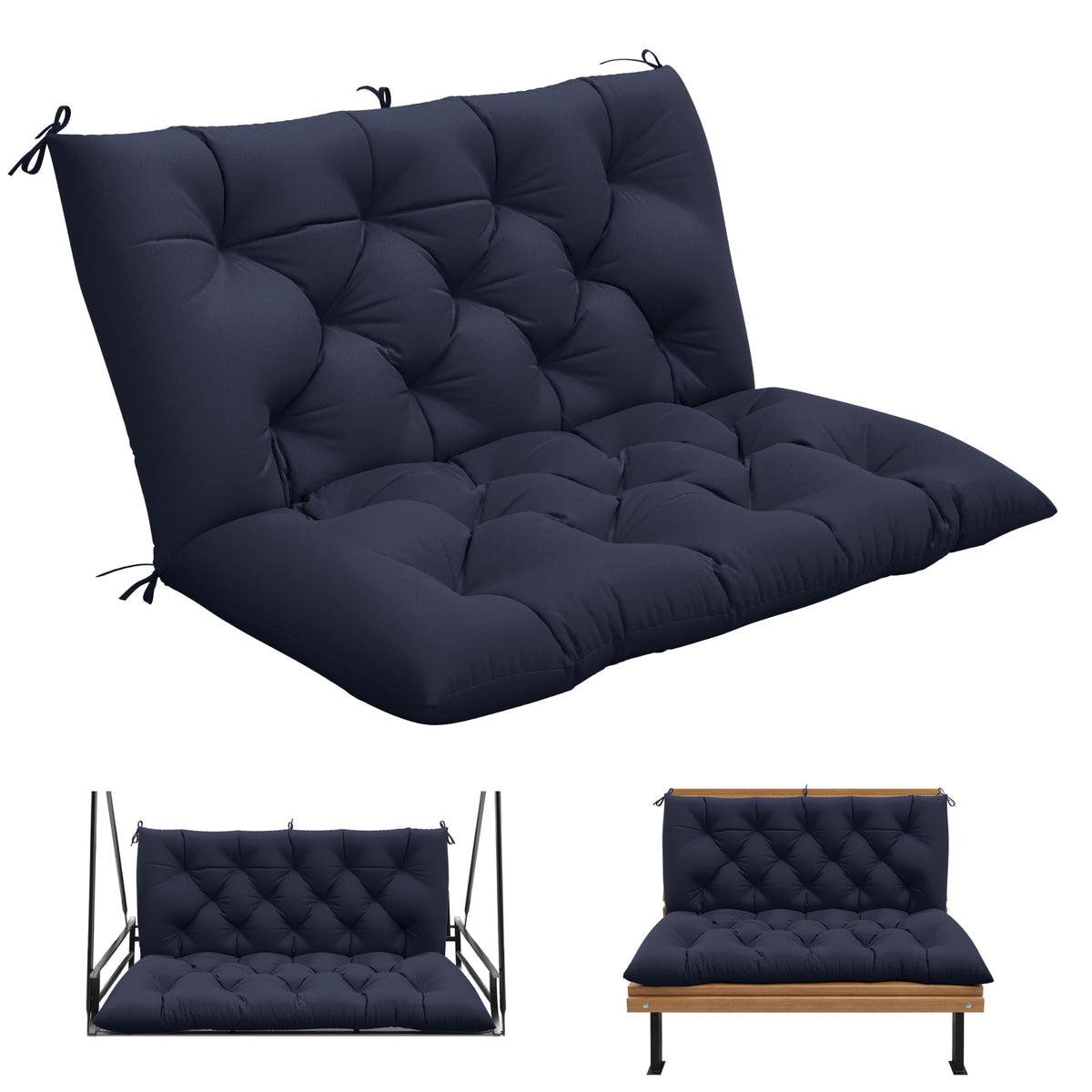 Pakunoda front view navy cushion showing full coverage and neat tufting for comfort