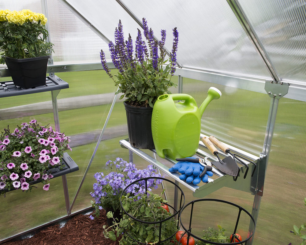 Palram shelf underside hanger detail supporting baskets and trellising benefit