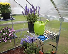 Palram shelf underside hanger detail supporting baskets and trellising benefit