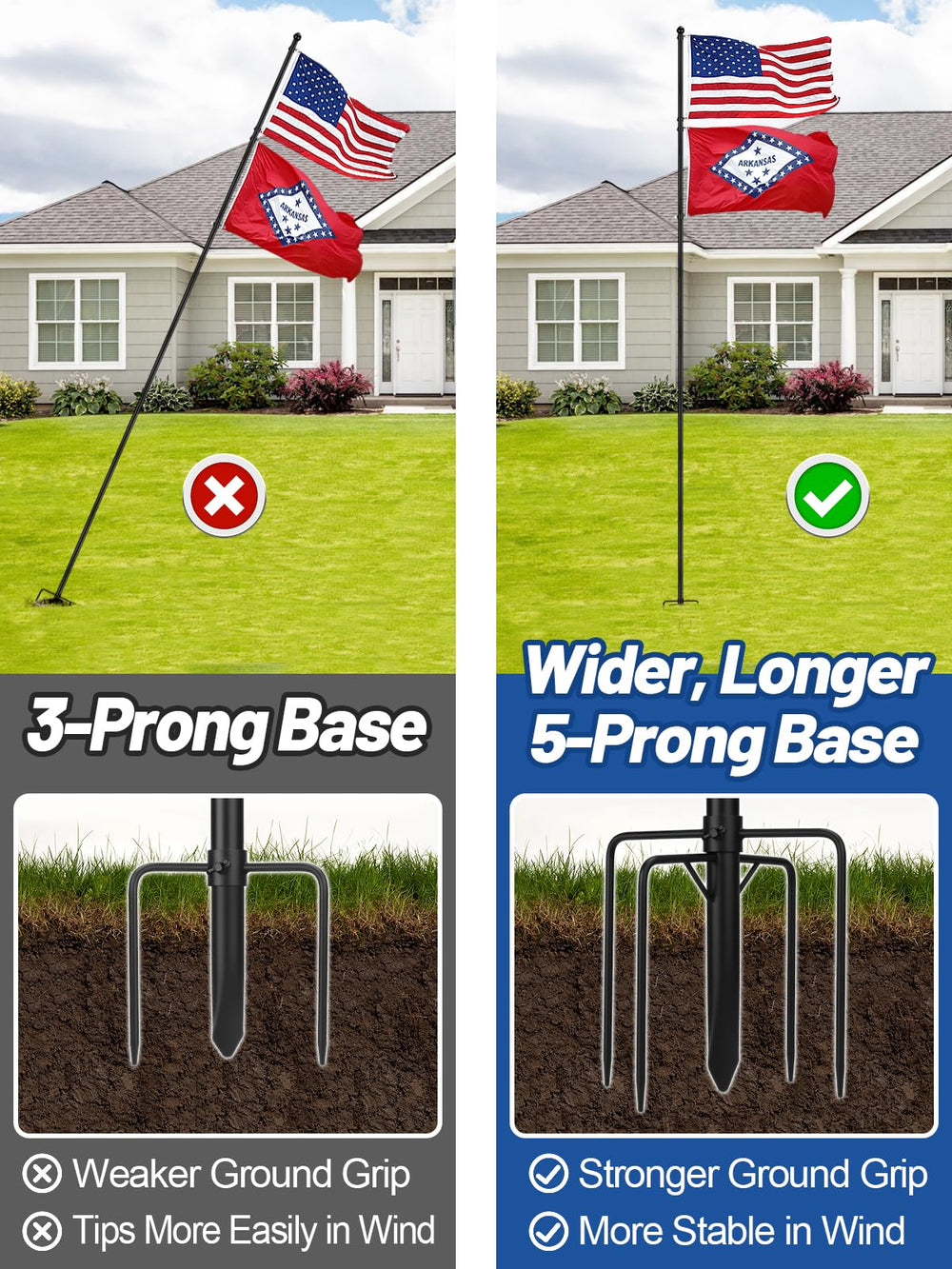 PAMASE five-prong base inserted in grass demonstrating improved ground grip and stability