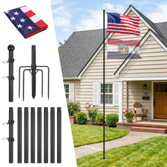 PAMASE flag pole front view showing 12.5 ft black pole and attached flag, clear visibility