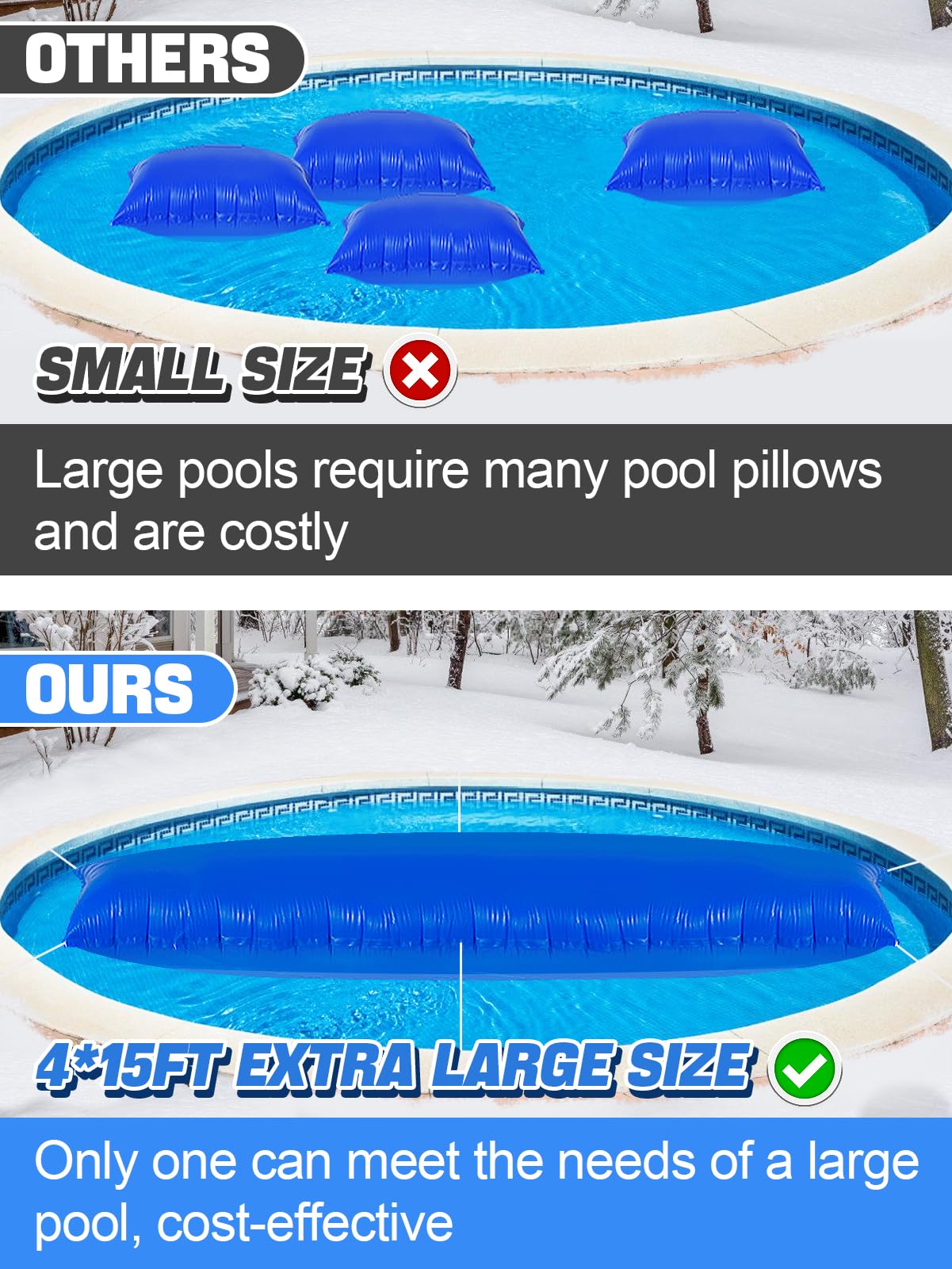 PAMASE pillow placed under cover in pool center preventing cover sagging