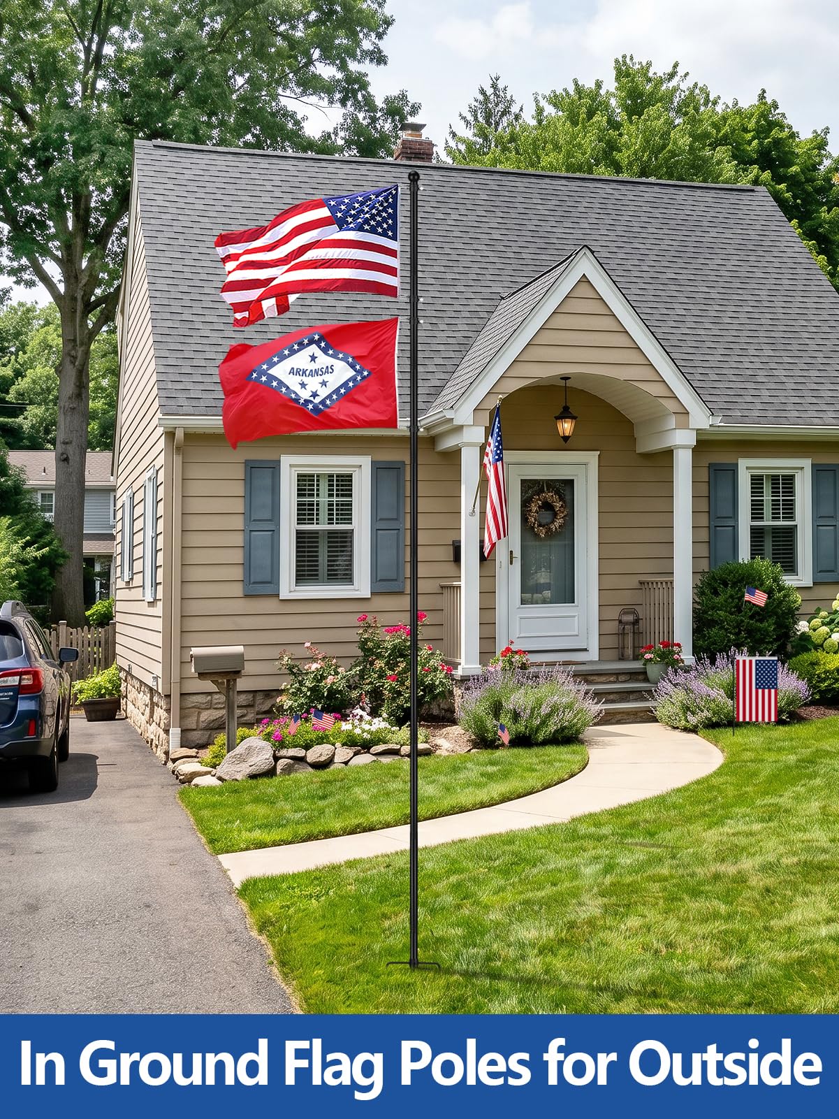 PAMASE lifestyle shot of flag in front yard creating a welcoming patriotic curb appeal