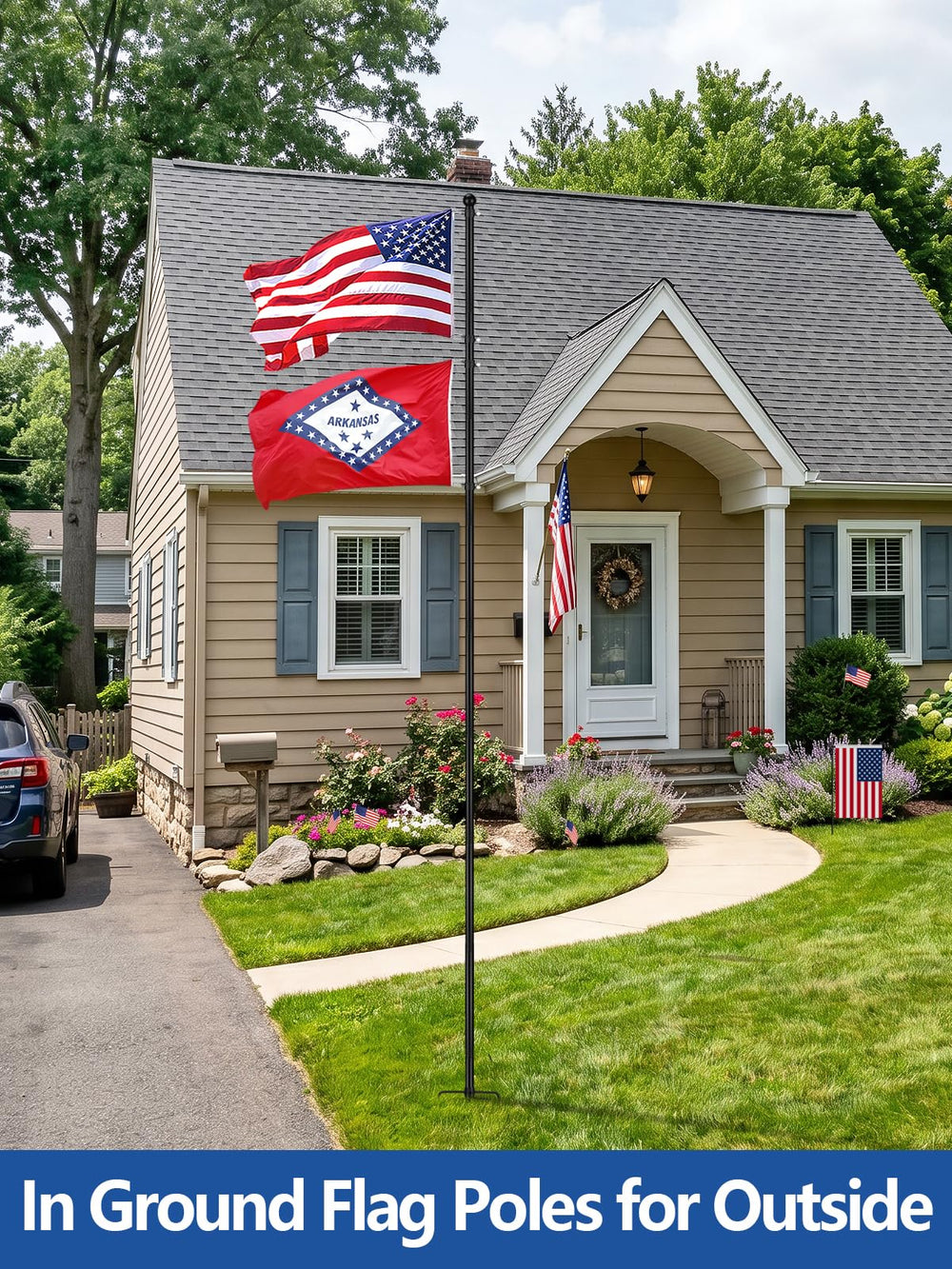 PAMASE lifestyle shot of flag in front yard creating a welcoming patriotic curb appeal