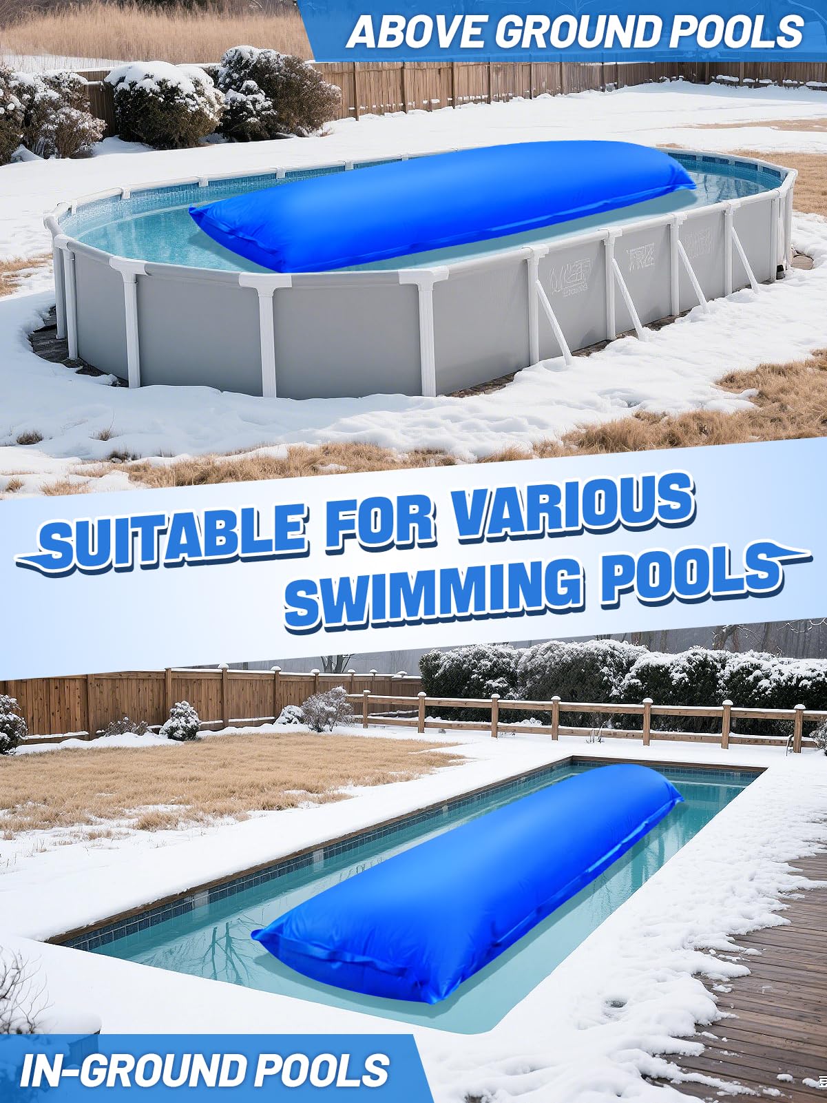 PAMASE pillow under winter cover in snowy backyard protecting pool walls