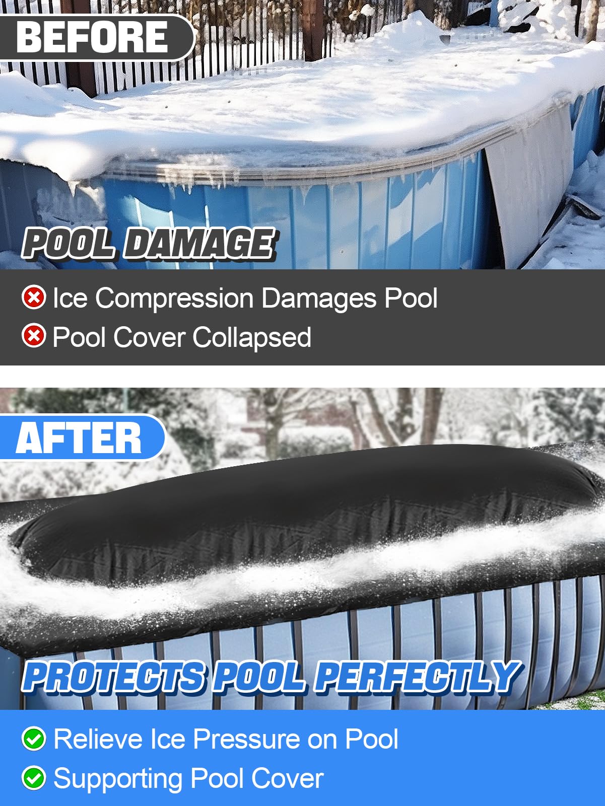 PAMASE pillow next to pool ladder showing 4x15ft scale for large pools