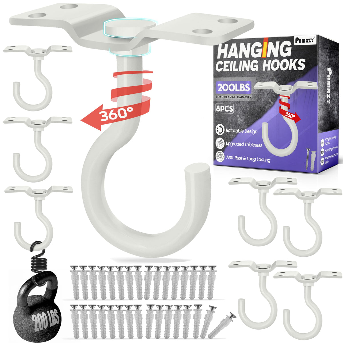 PAMAZY front view of eight heavy-duty ceiling hooks showing kit completeness and strength