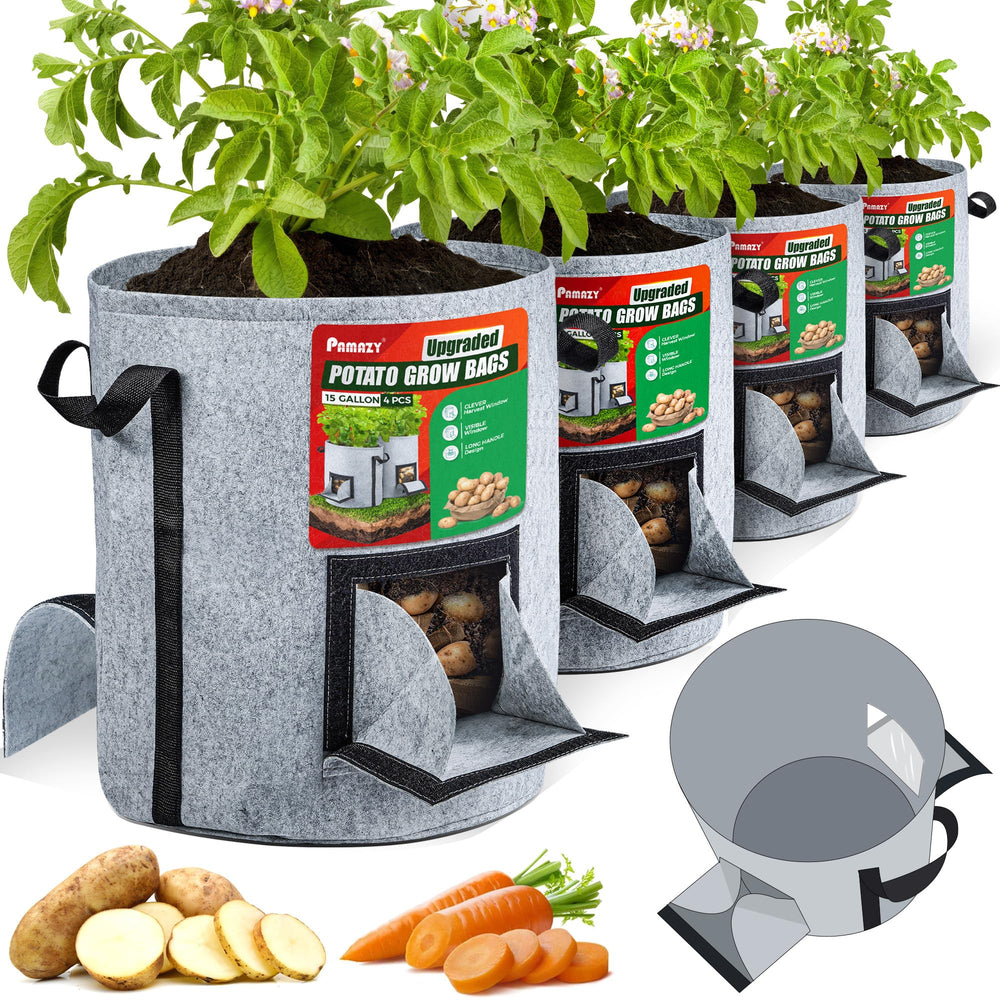 PAMAZY front view of four 15-gallon grow bags showing set advantage