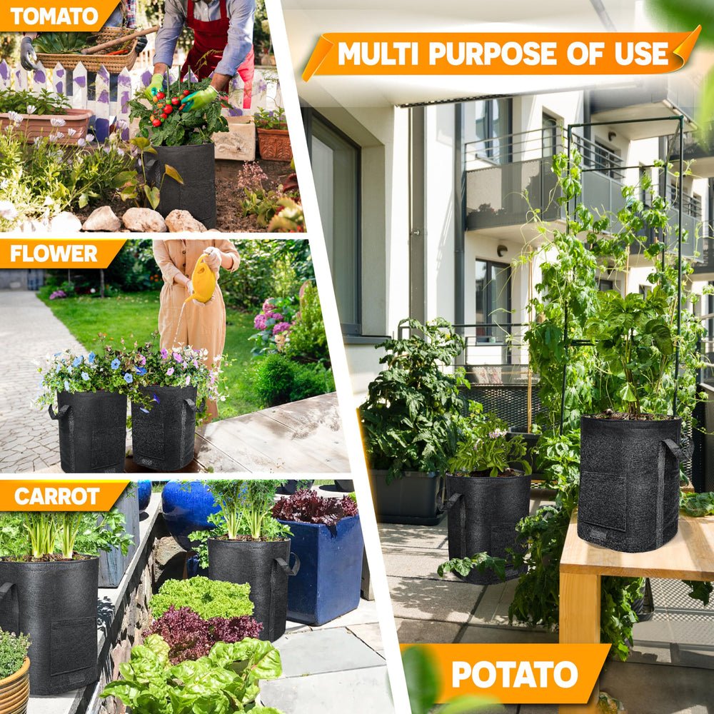 PAMAZY bag beside garden tools showing 15-gallon size and scale