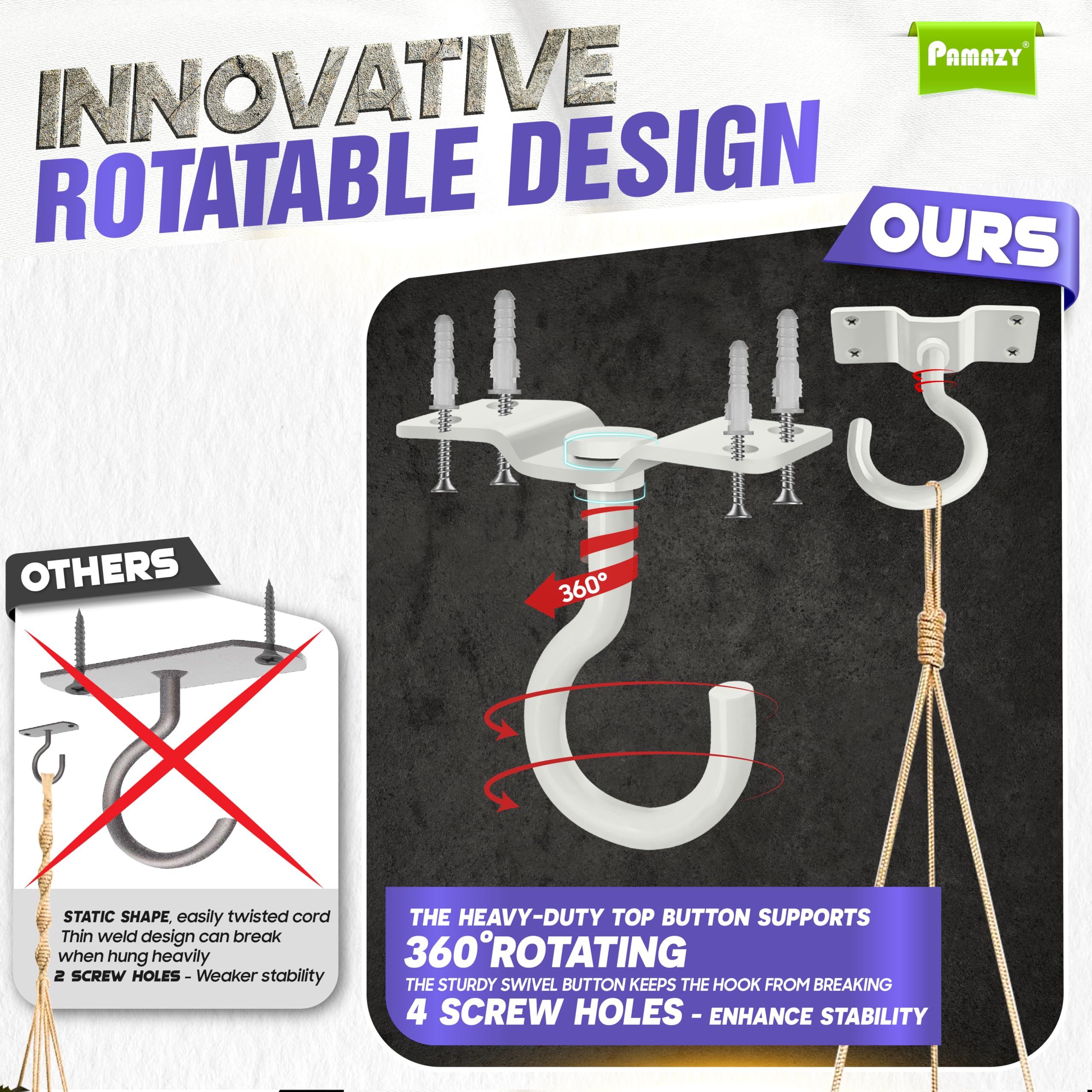 PAMAZY swivel eye detail demonstrating 360-degree rotation for tangle-free hanging