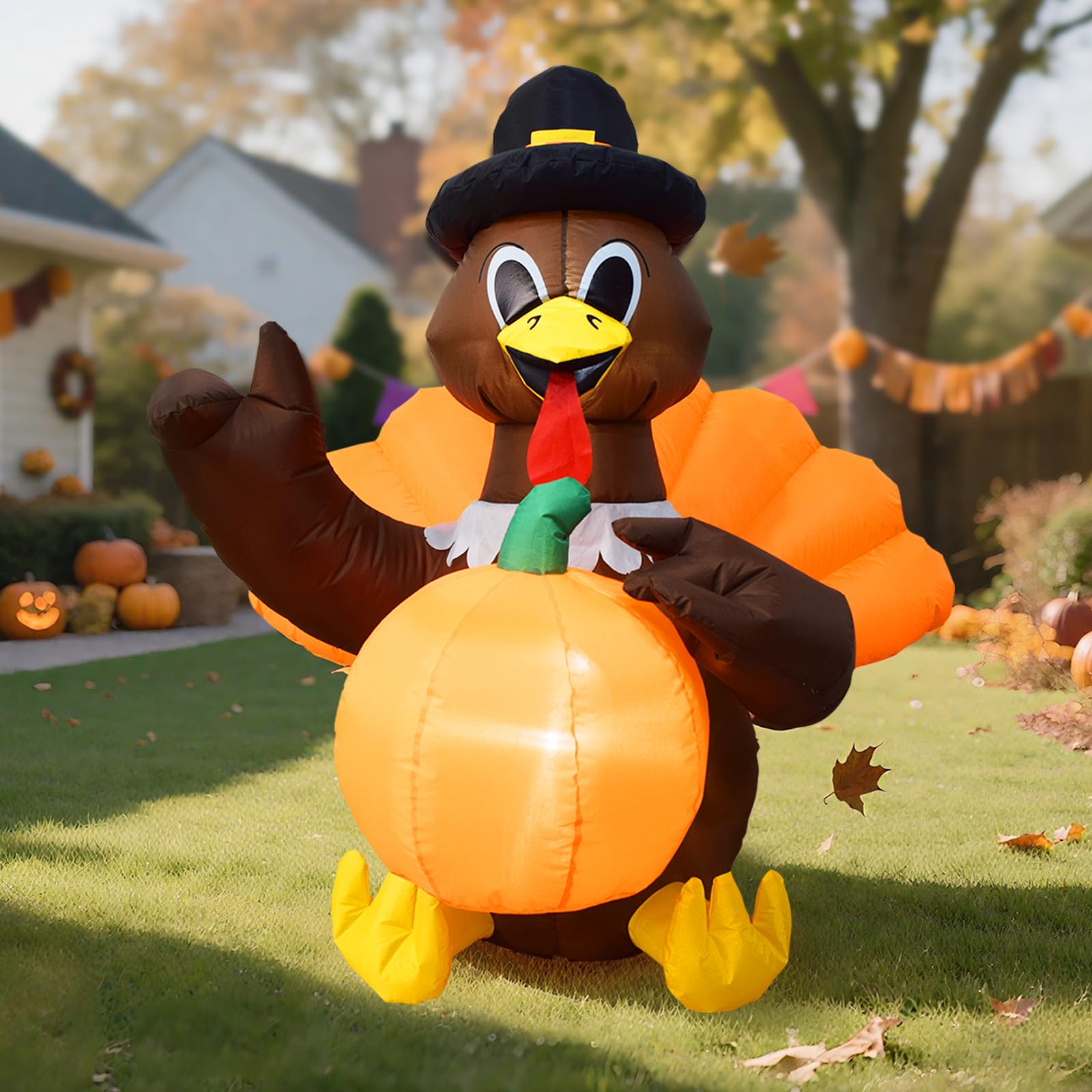 Pamir turkey front view showing pilgrim hat and pumpkin, creates festive curb appeal