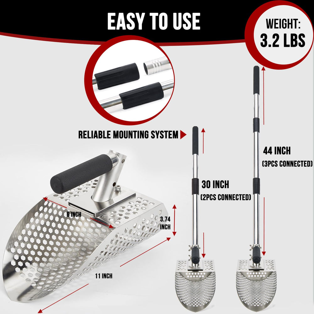 Three-part long steel handle assembled on PAMLIAPY scoop allowing upright digging without bending.