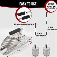 Three-part long steel handle assembled on PAMLIAPY scoop allowing upright digging without bending.