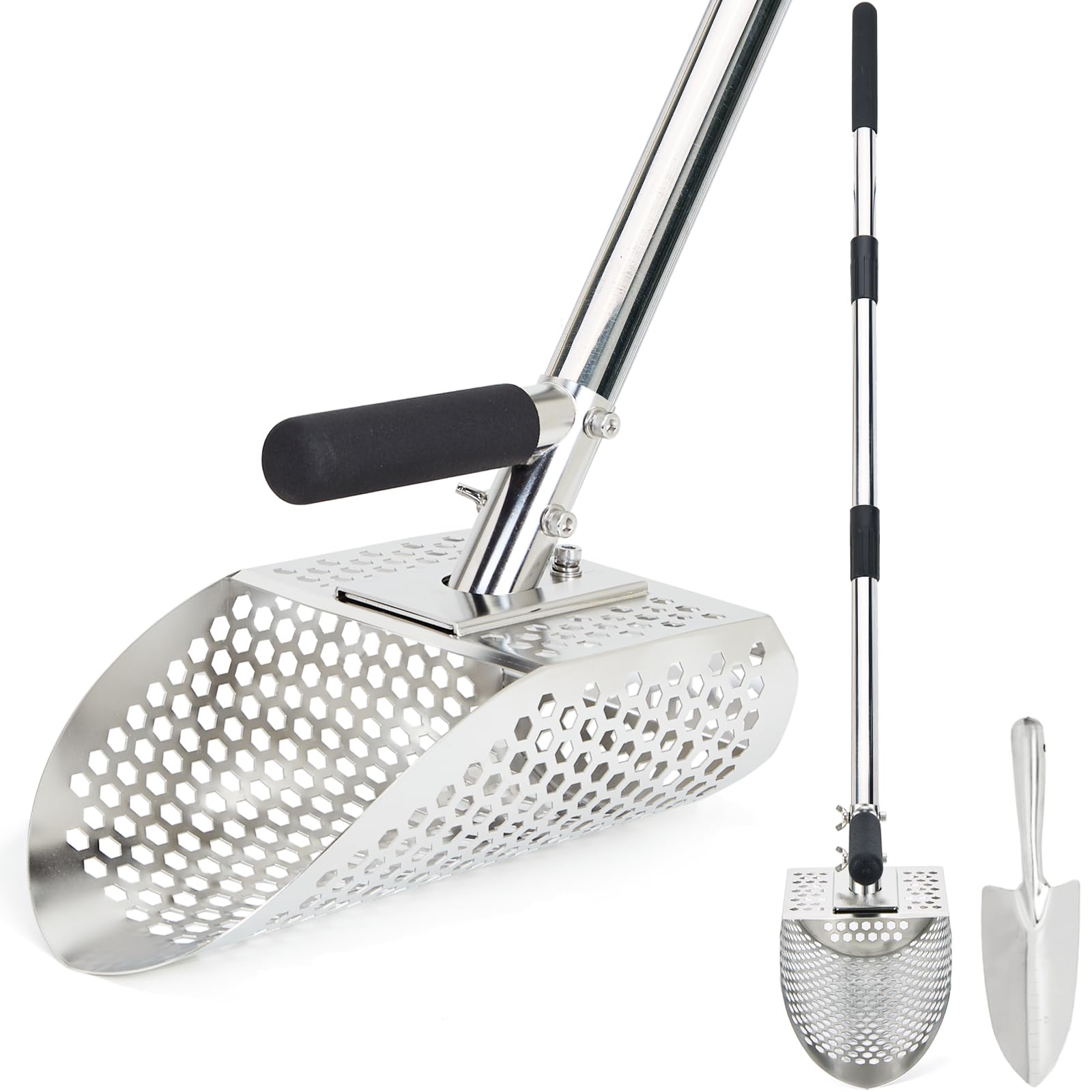 PAMLIAPY sand scoop front view showing durable stainless steel and pointed edge, enabling easier digging.
