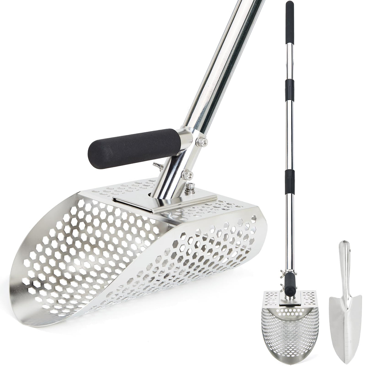 PAMLIAPY sand scoop front view showing durable stainless steel and pointed edge, enabling easier digging.