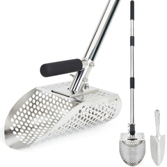 PAMLIAPY sand scoop front view showing durable stainless steel and pointed edge, enabling easier digging.