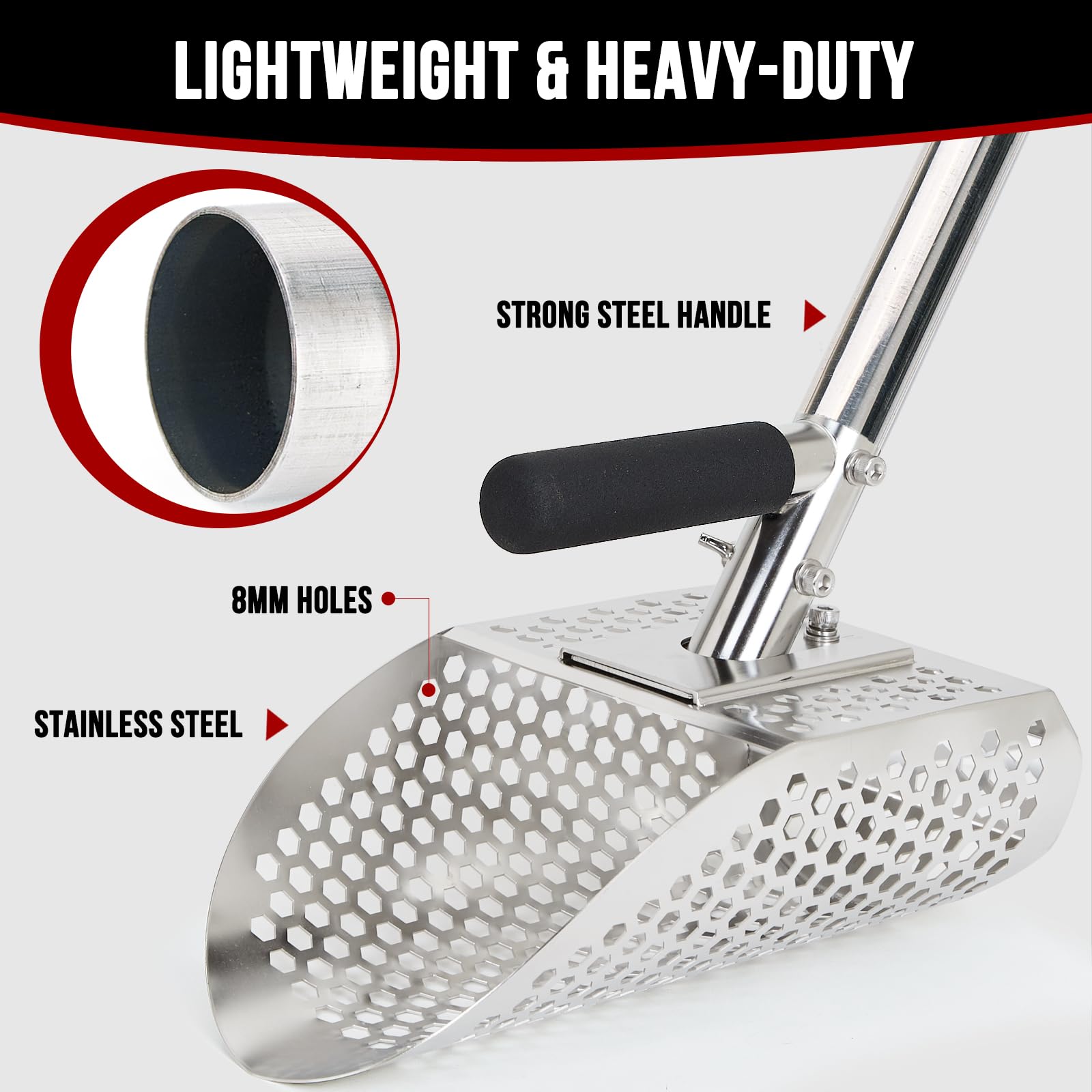 Short handle with rubber grip on PAMLIAPY scoop for secure control and reduced hand fatigue.