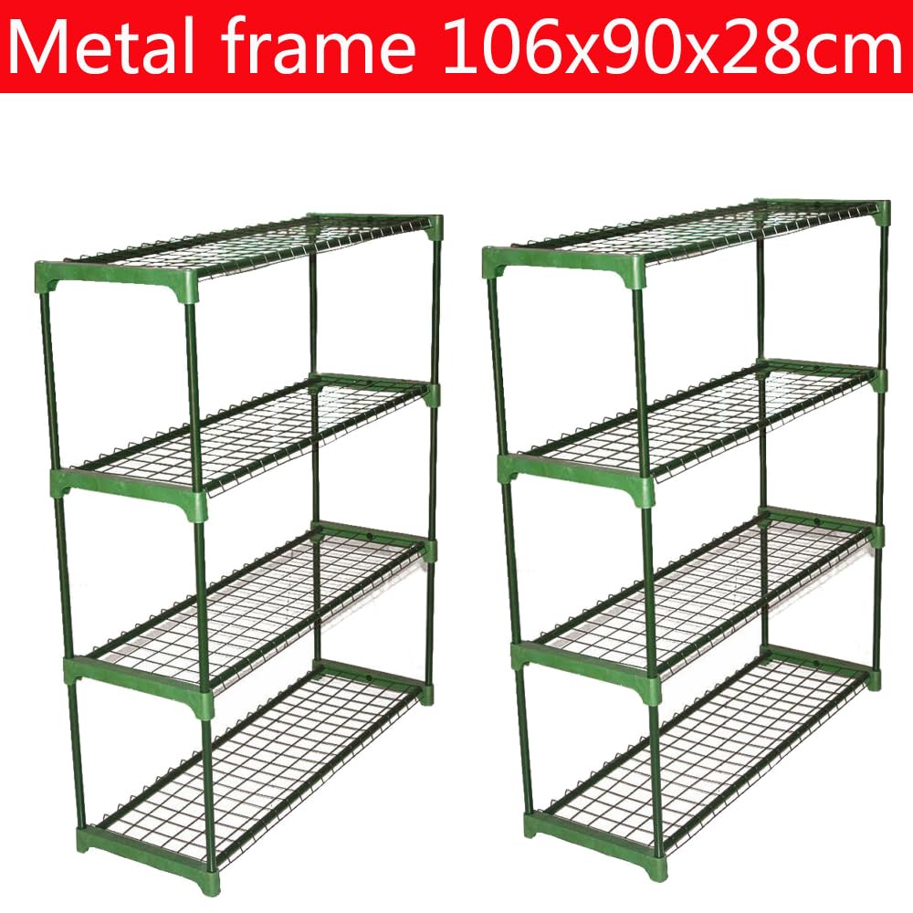 Panana racks staged inside a greenhouse organizing seed trays and potted plants