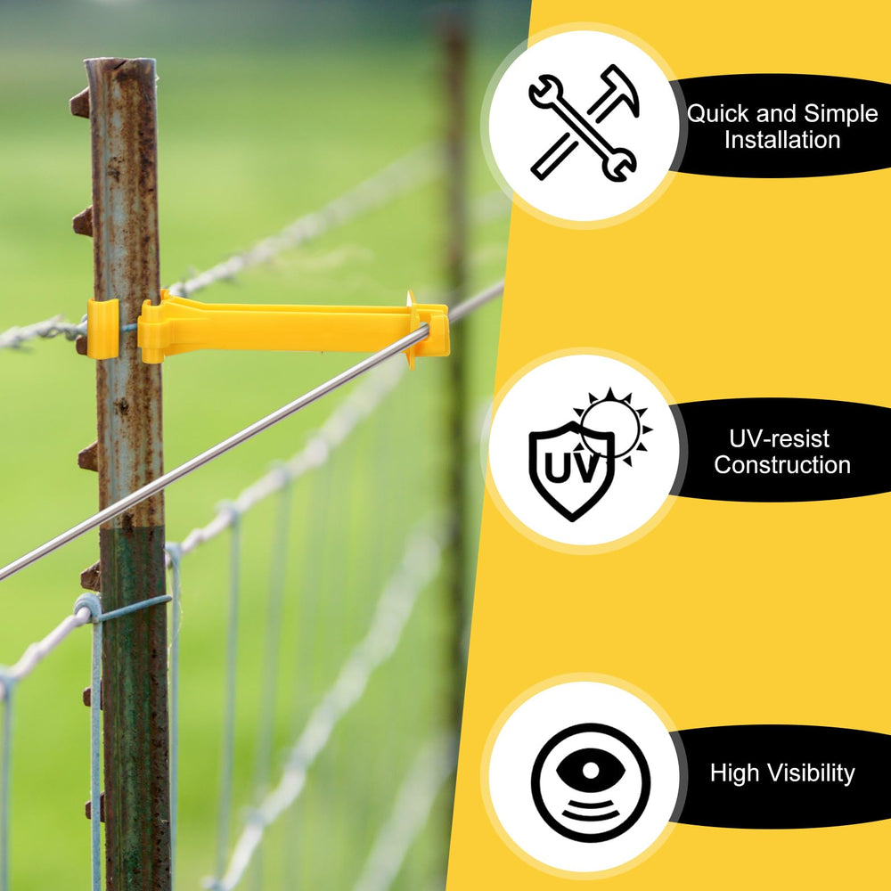 Pangda insulators clipped to T-post showing secure wire offset