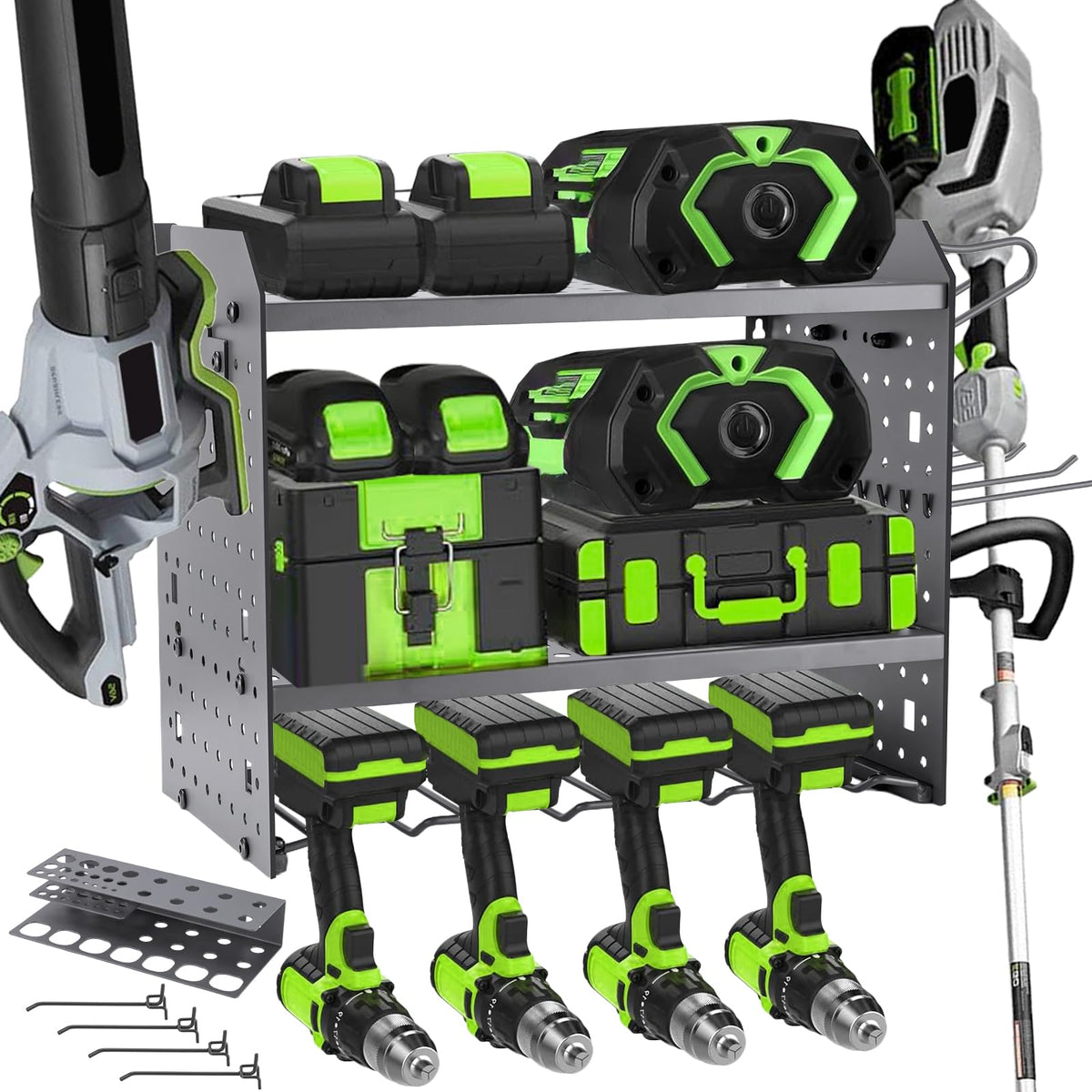 Panggae front view mounted rack showing organized EGO-compatible tools and space-saving benefit