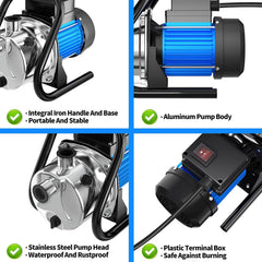 PANRANO pump beside garden hose for scale showing compact portable size
