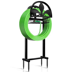 Pantutru front view of freestanding hose holder showing stable frame and tidy hose storage benefit