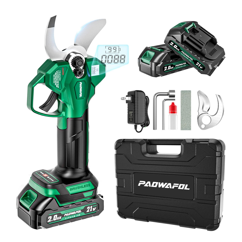 PAOWAFOL front view of cordless pruner showing ergonomic grip and blade benefits