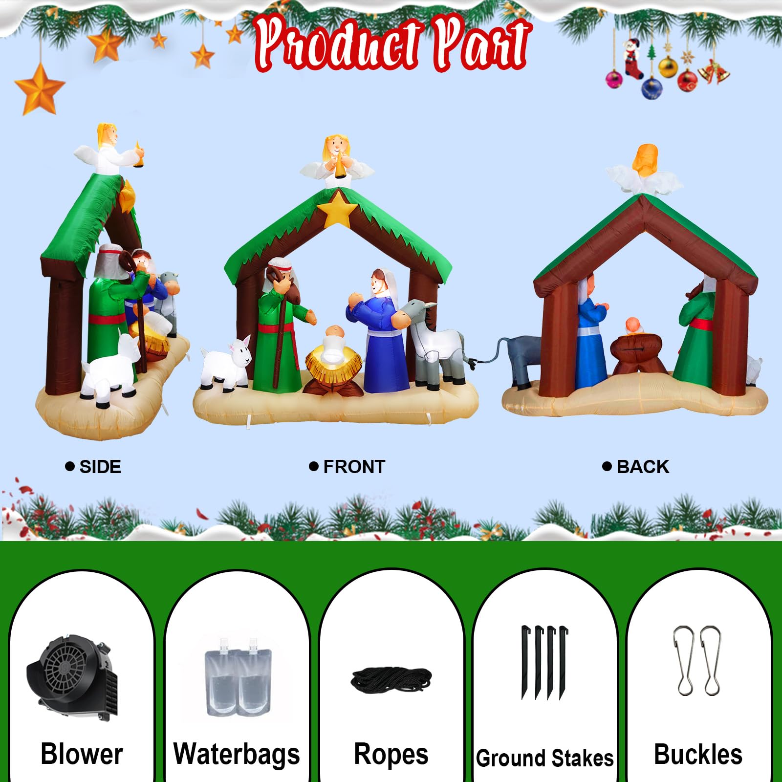 PARAYOYO yard display with family enjoying festive illuminated nativity scene