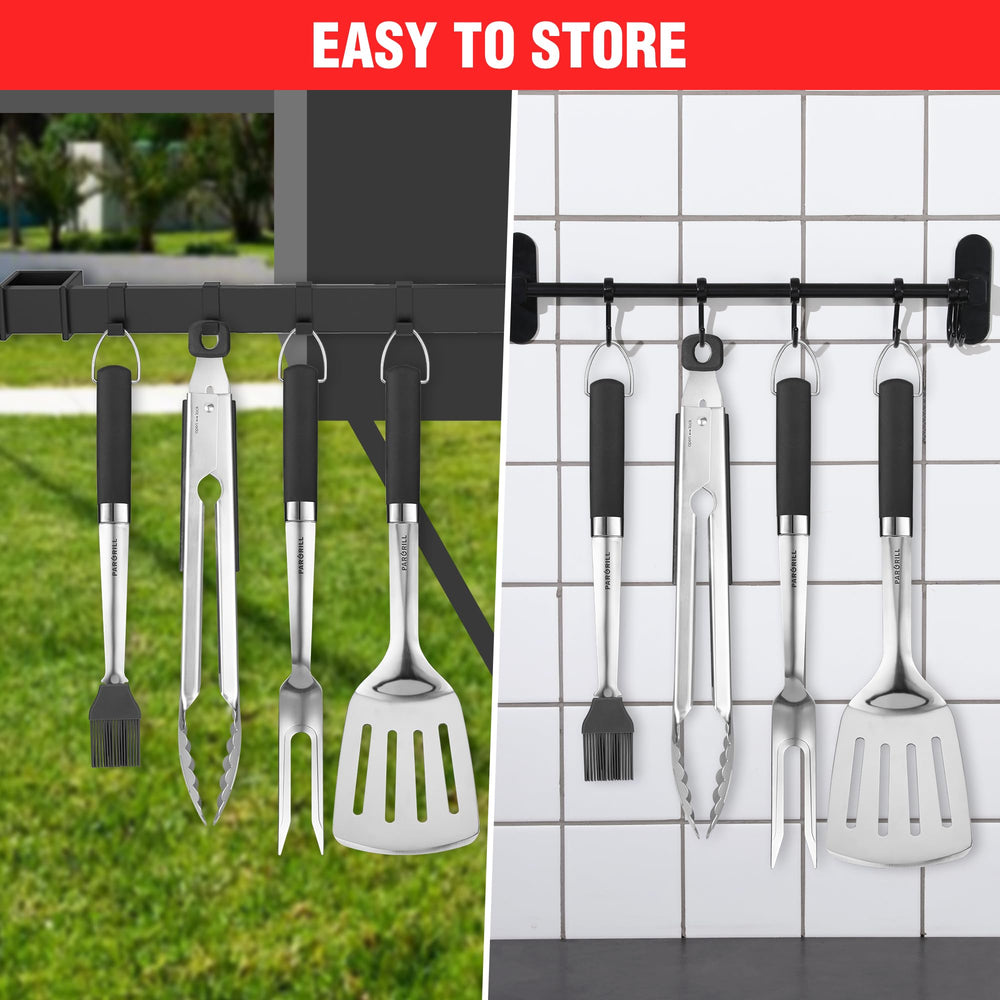 PARGRILL tools next to a hand for scale showing long, protective length
