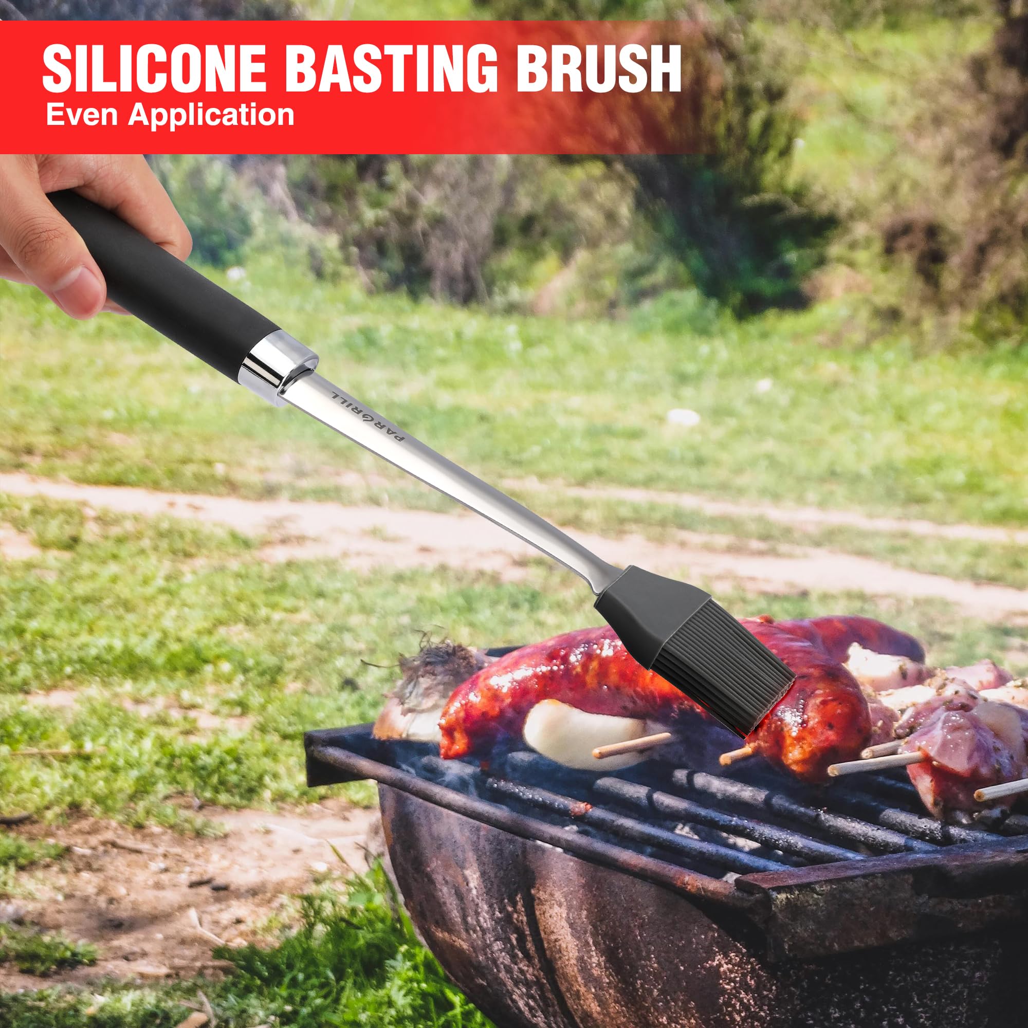 PARGRILL tools in use on a hot grill demonstrating hands-off safety