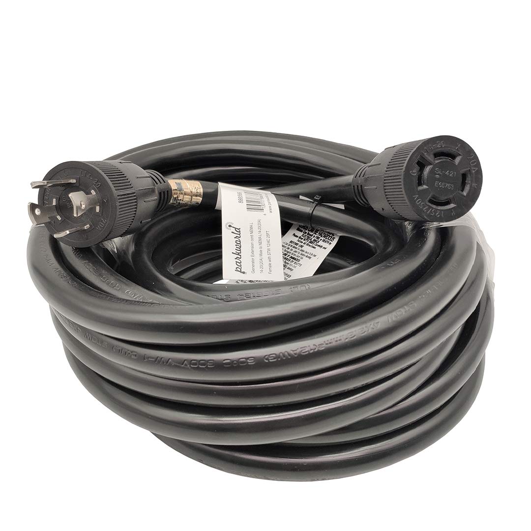 Parkworld front view showing L14-20 plug and receptacle for secure connection