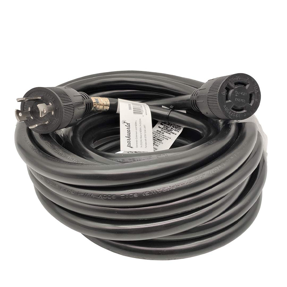 Parkworld front view showing L14-20 plug and receptacle for secure connection