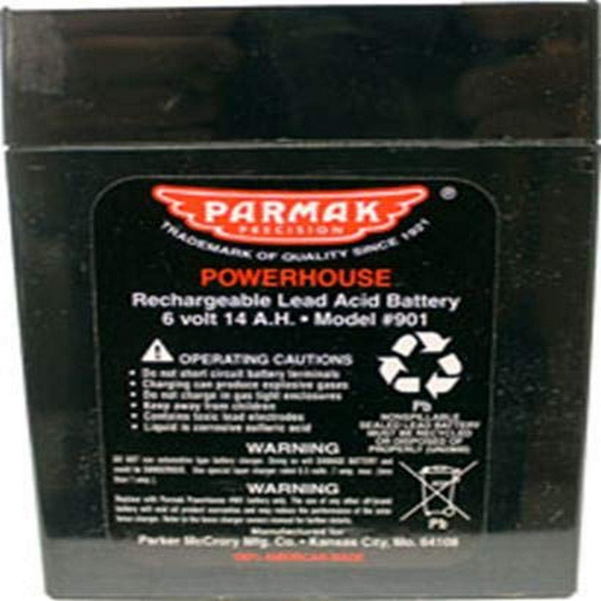 Parmak 901 front label showing model and 6V 14Ah benefit for reliable fence power