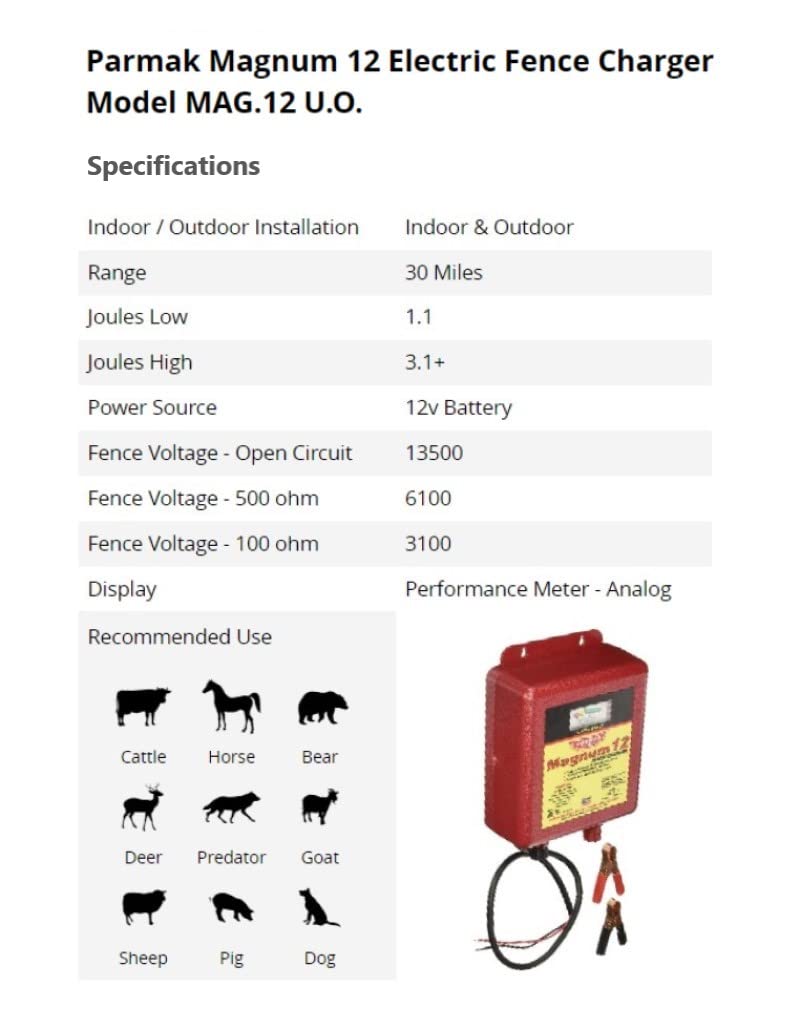 Parmak MAG12-UO mounted on post in pasture showing portability and weatherproof protection