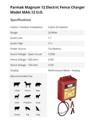 Parmak MAG12-UO mounted on post in pasture showing portability and weatherproof protection