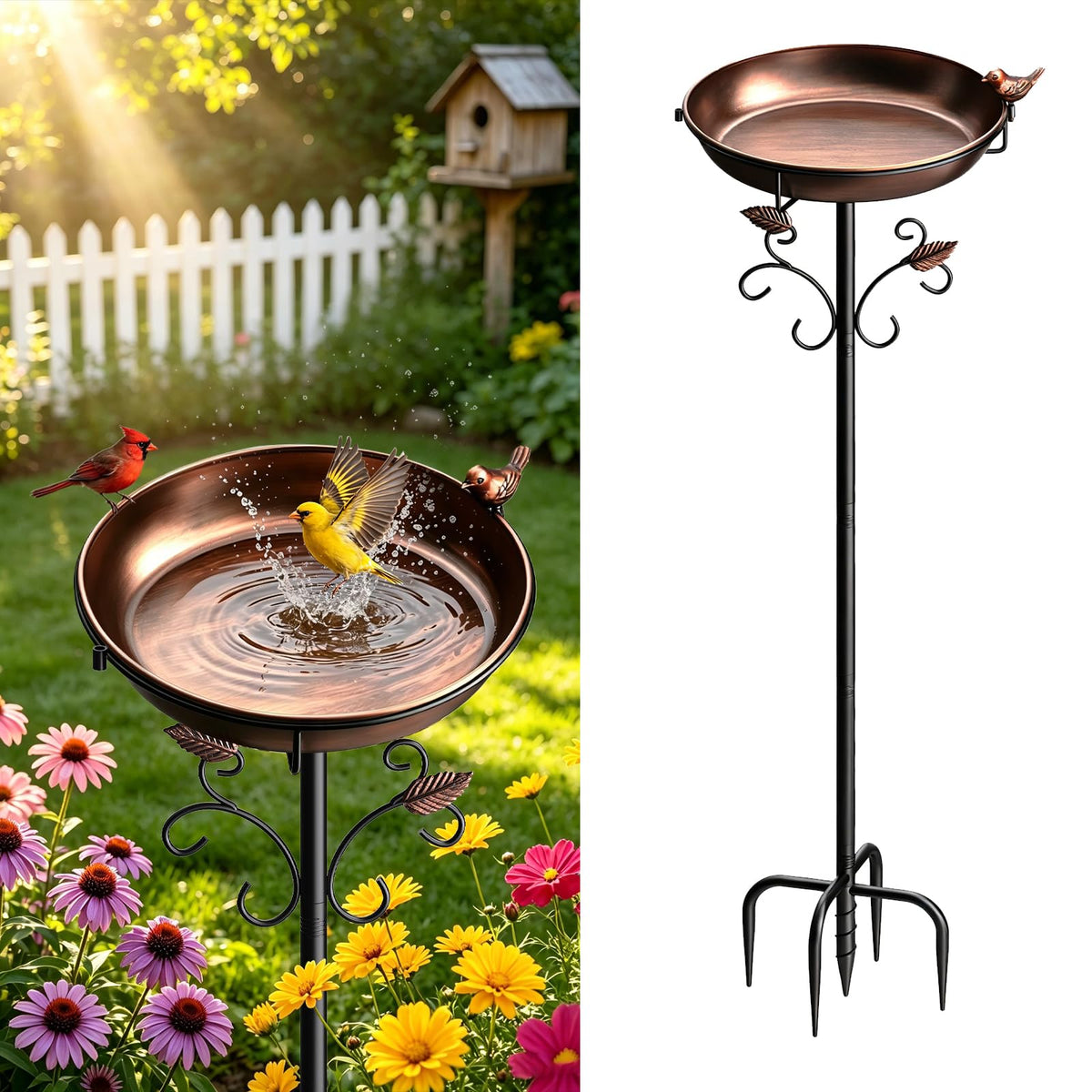 Parovite front view of tall metal bird bath showing sturdy stake and bowl, enhances garden decor