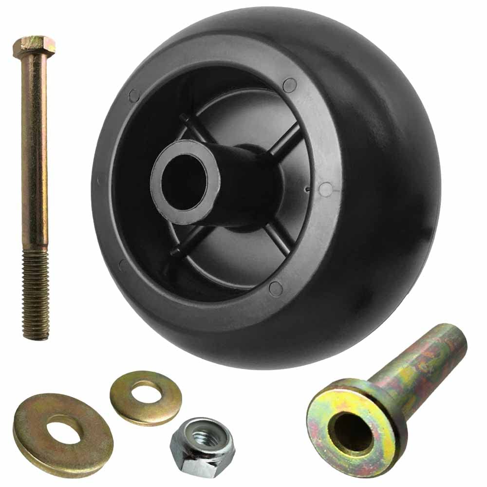 Parts 4 Outdoor wheel on mower in yard showing improved deck mobility benefit