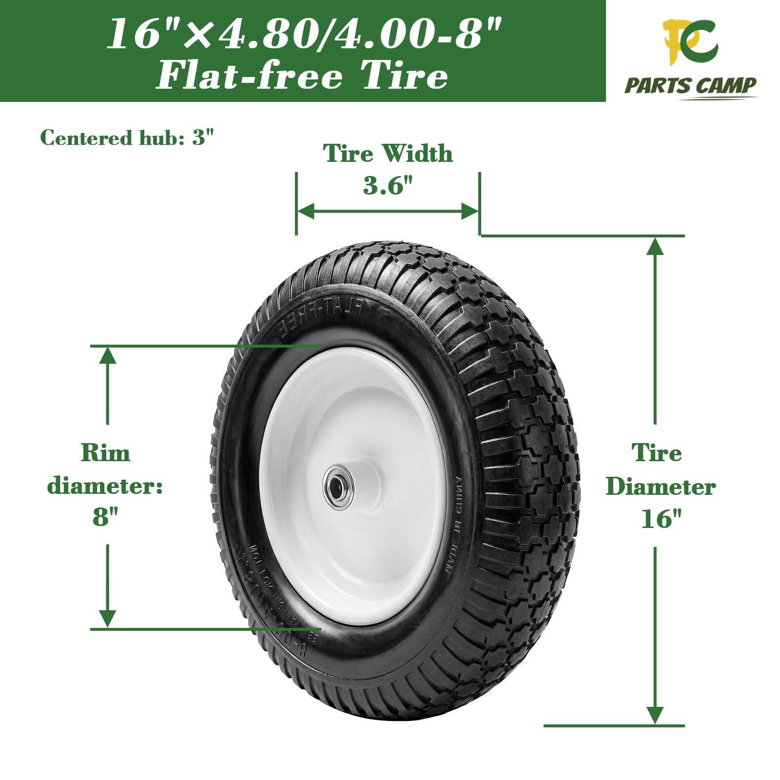 Parts Camp close-up tread pattern illustrating solid flat-free surface for reliable traction