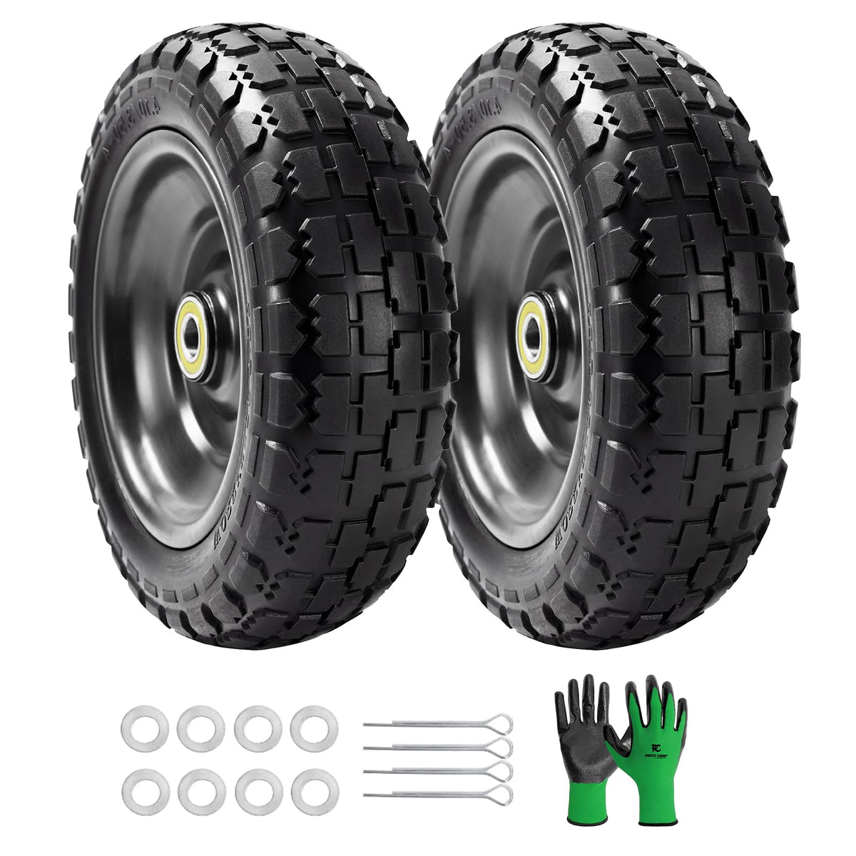 Parts Camp front-facing 10-inch wheel assembly showing solid tire benefit of no flats