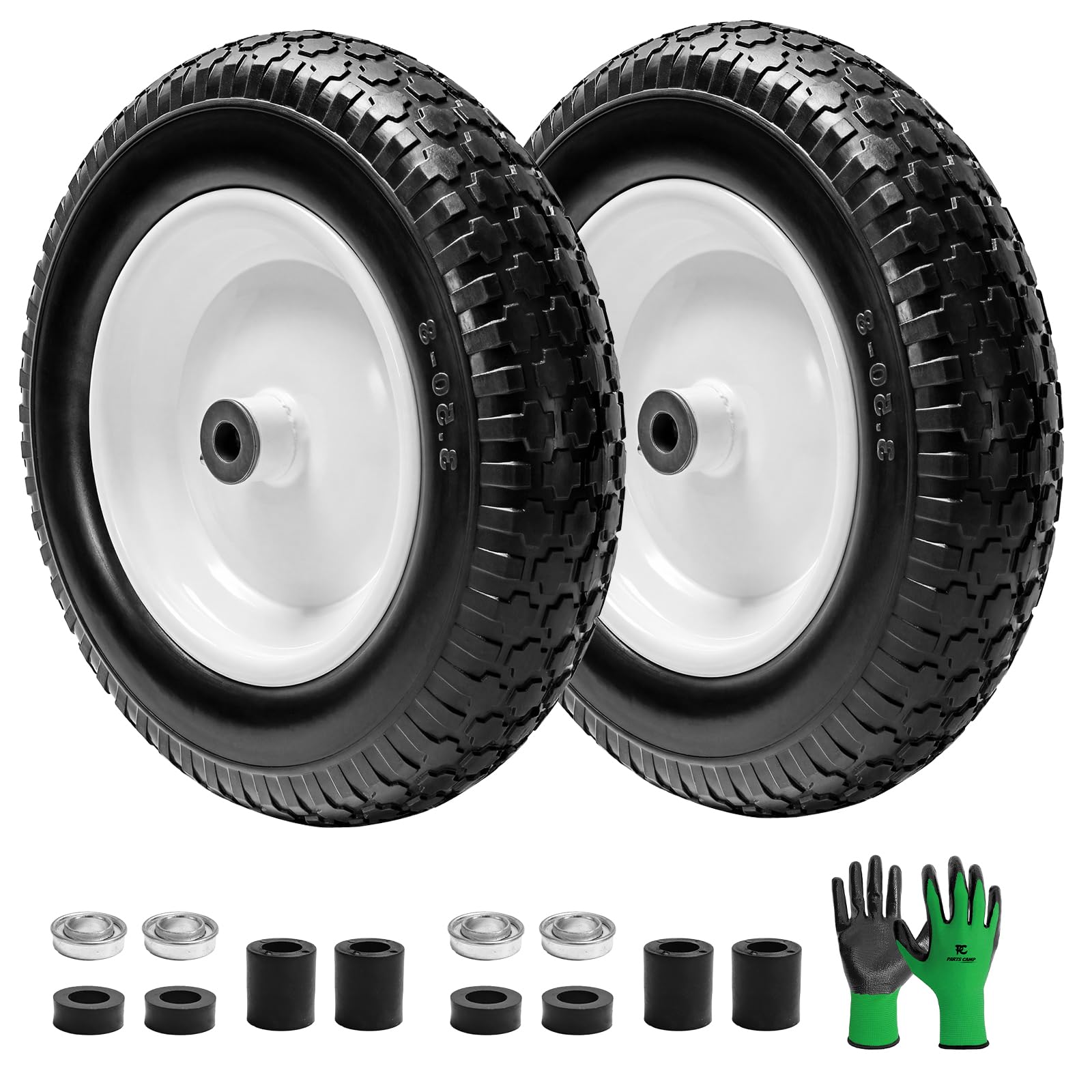 Parts Camp front packaging view showing two flat free tires and included adapters for easy replacement