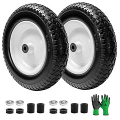 Parts Camp front packaging view showing two flat free tires and included adapters for easy replacement
