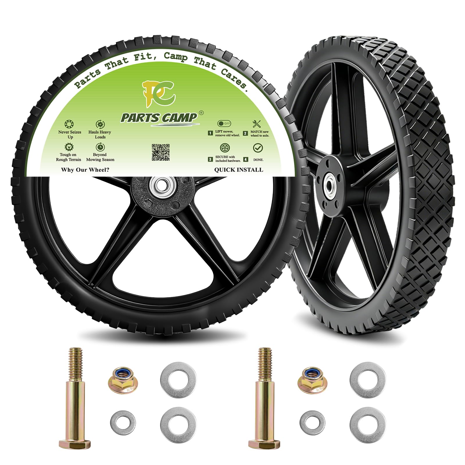 Parts Camp front view of two wheels showing complete replacement set and durability