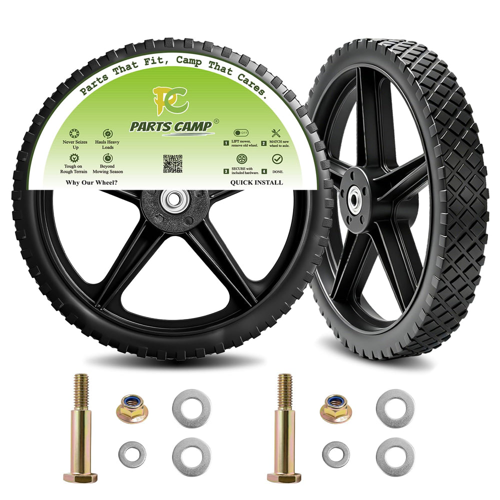 Parts Camp front view of two wheels showing complete replacement set and durability