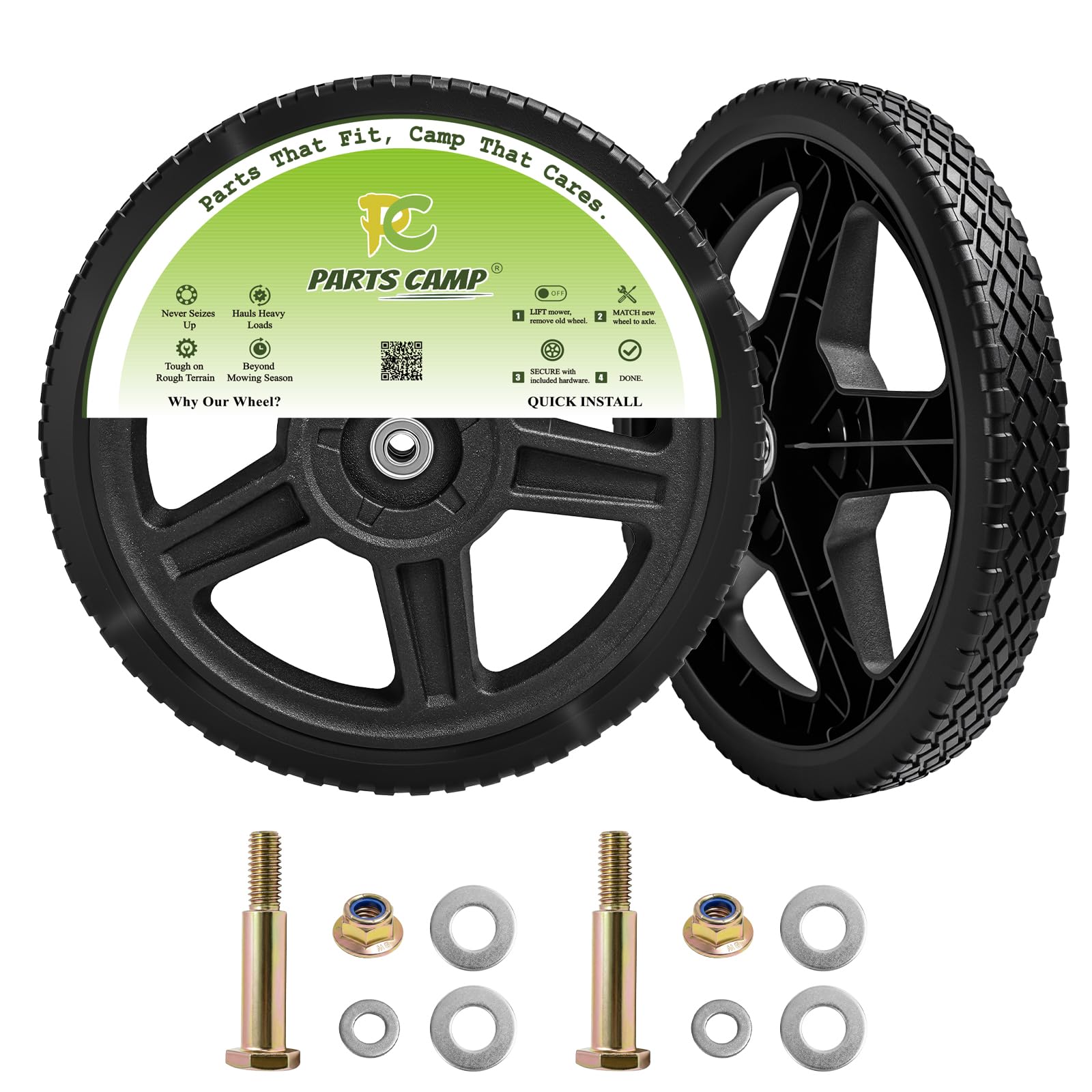 Parts Camp front view 14 inch wheel showing full profile and benefit of smooth rolling